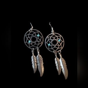 Silver Dreamcatcher Earrings with Turquoise Accents